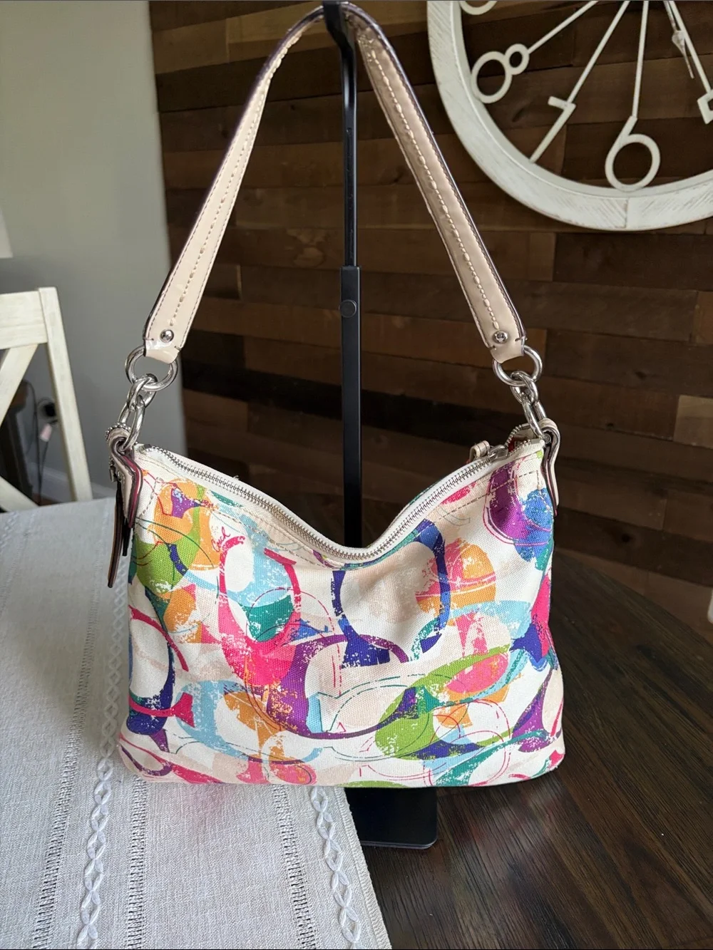 Coach Poppy Multicolor Canvas Shoulder Bag with Cream Leather Trim - Picture 2 of 16